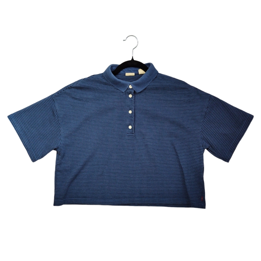 Levi's Astrid Cropped Polo Navy Blue Stripe Women's Size Medium 100% Cotton‎ **